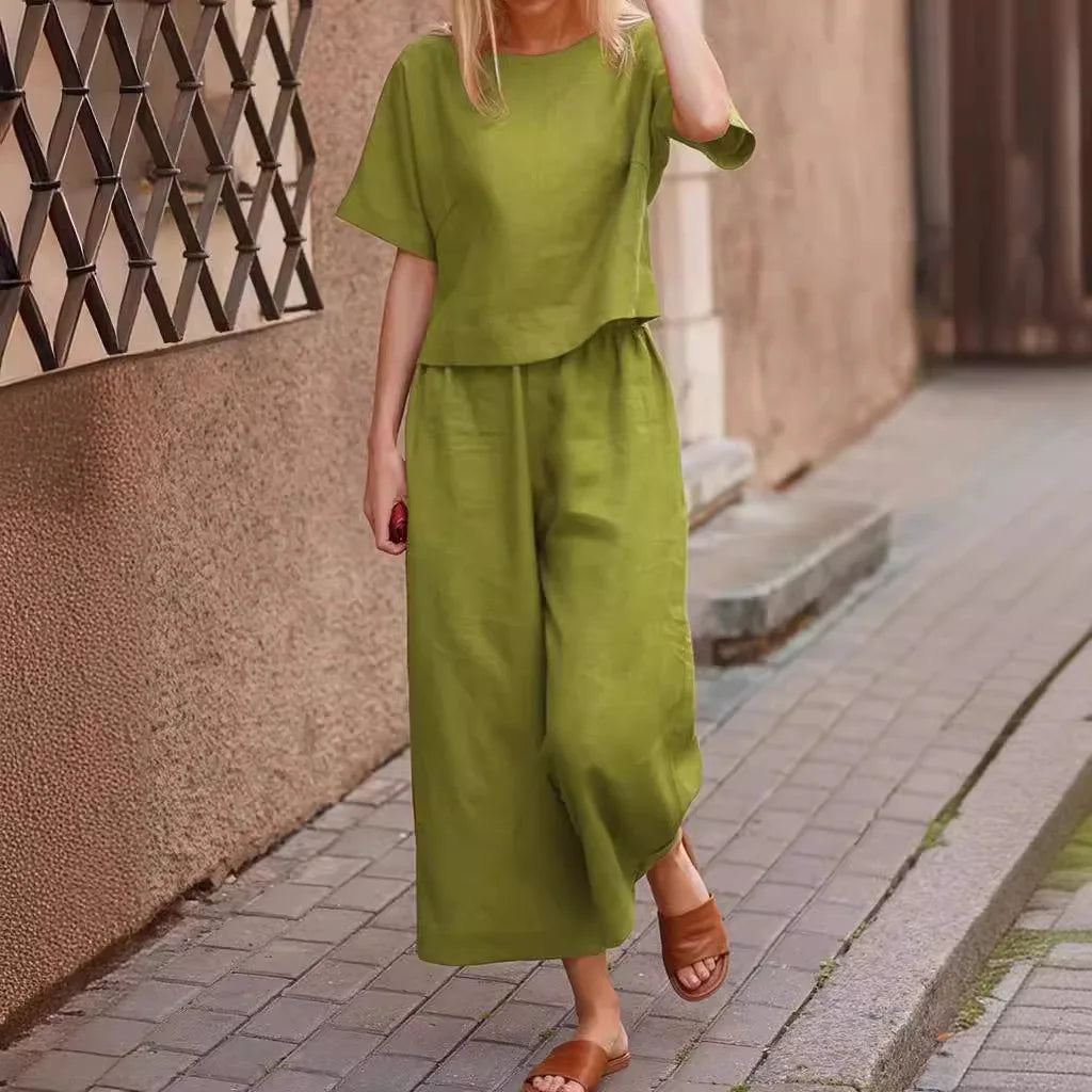 2025 Short Sleeve Shirt Top Wide Leg Pants Two Piece Set