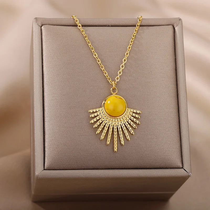 Vintage Resin Stone Sun Pendant Necklaces