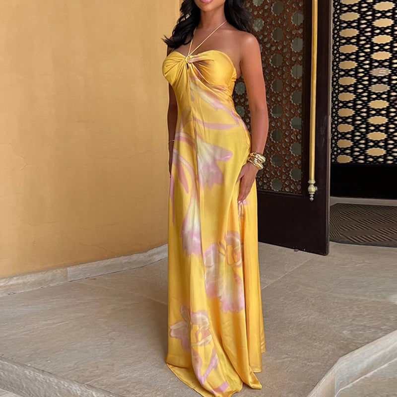 Chic Yellow Floral Maxi Dress with Knot Detail