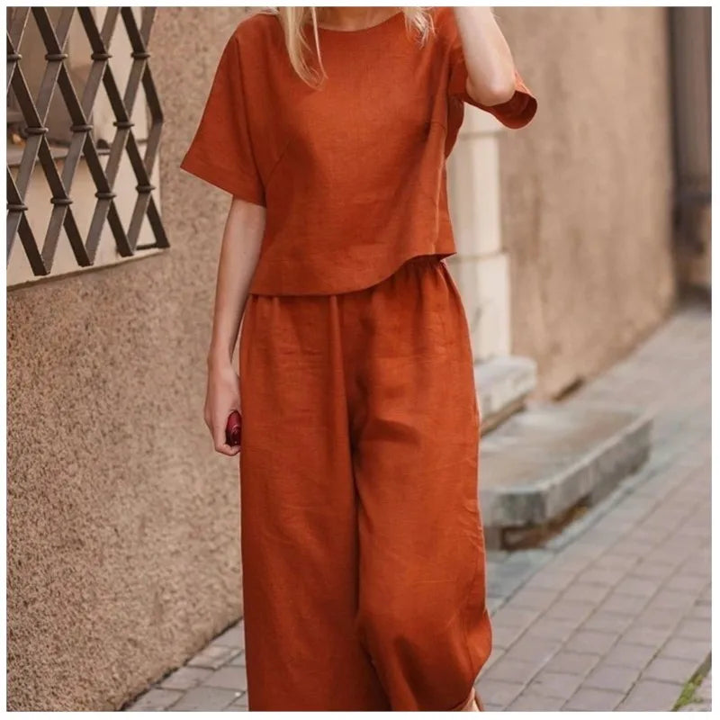 2025 Short Sleeve Shirt Top Wide Leg Pants Two Piece Set