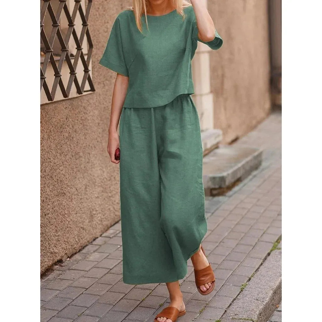 2025 Short Sleeve Shirt Top Wide Leg Pants Two Piece Set