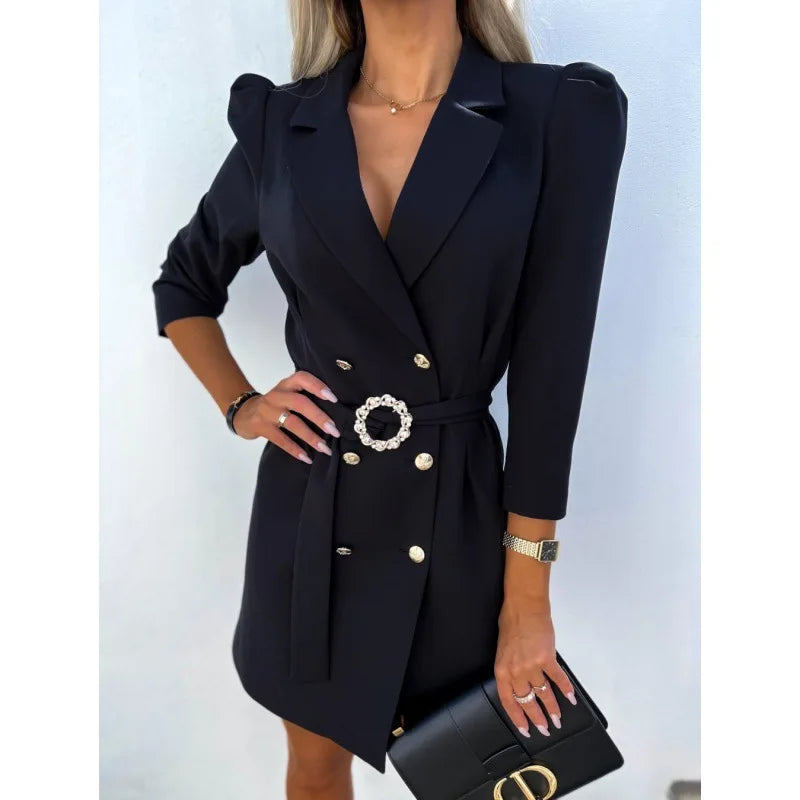 Suit Jacket Dress With Double Breasted Buttons And Belt V-neck