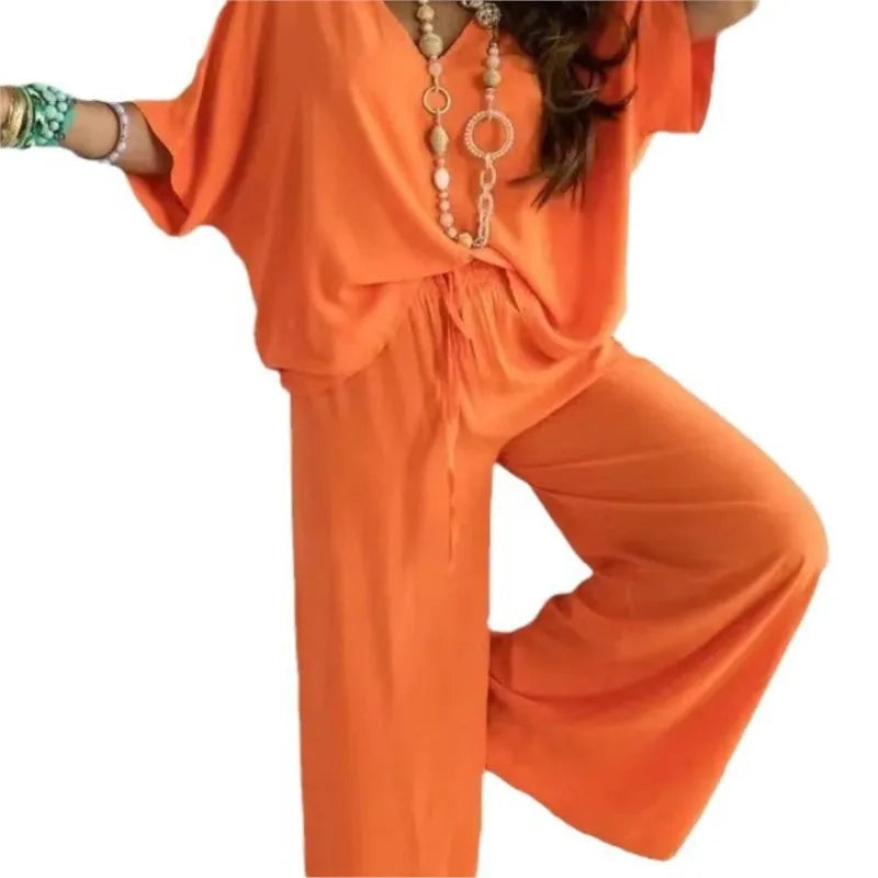V neck Bat Sleeve Casual Loose Wide-leg Pants 2 piece