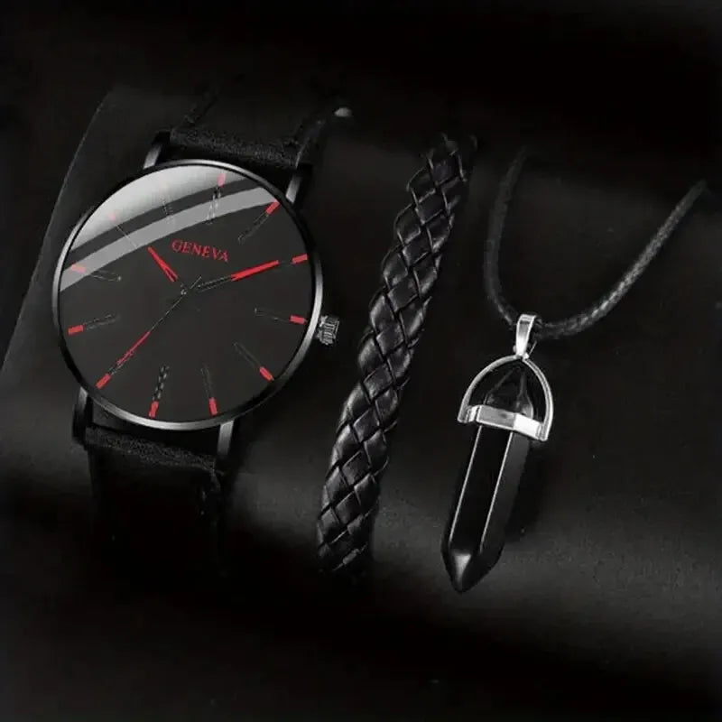 Stylish Black Watch with Red Accents and Elegant Accessories