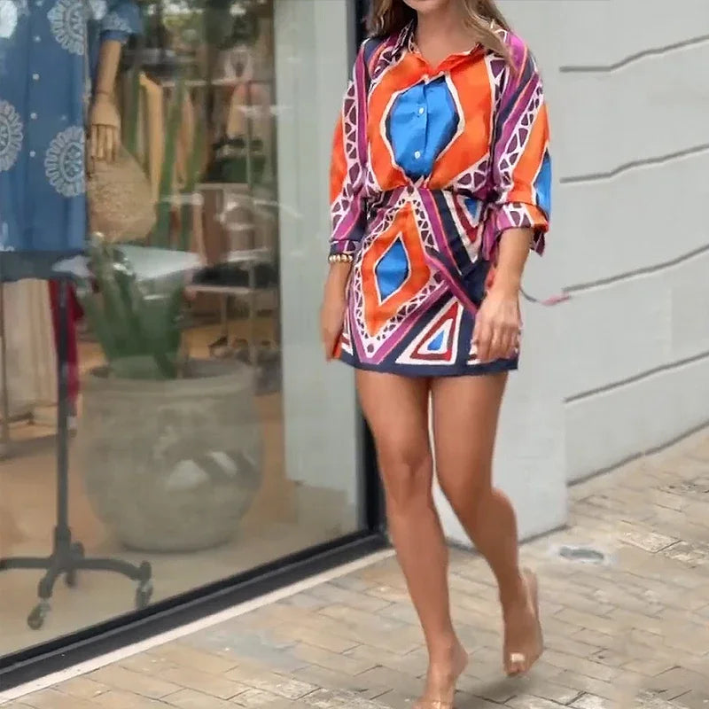 Retro Printed Long Sleeve Single Breasted Button Shirt Top A Line Mini Skirt Sets