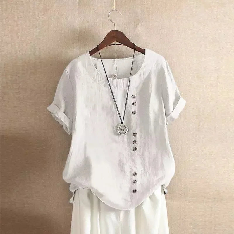 Women's Casual Summer Cotton Linen Loose Fit Blouse with Short Sleeves