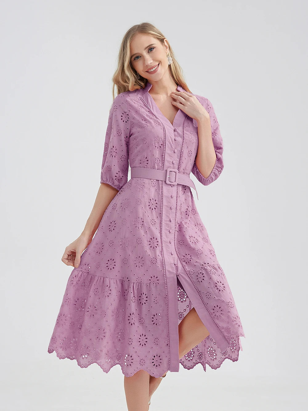 Elegant Pink Eyelet Dress with Belted Waist