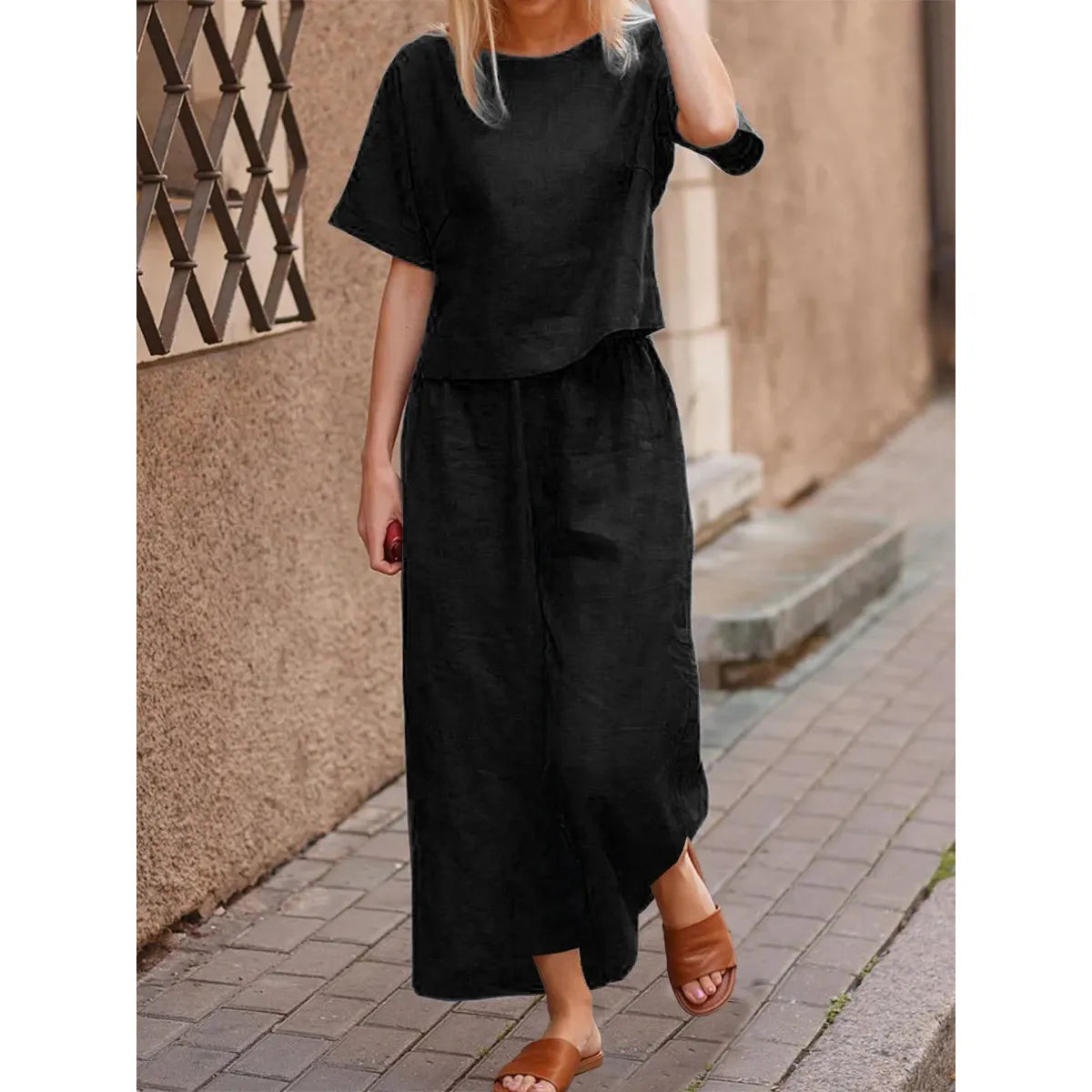 2025 Short Sleeve Shirt Top Wide Leg Pants Two Piece Set
