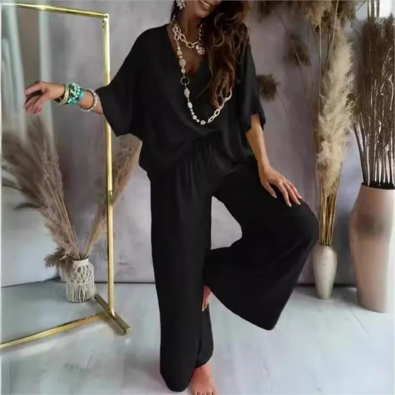 V neck Bat Sleeve Casual Loose Wide-leg Pants 2 piece