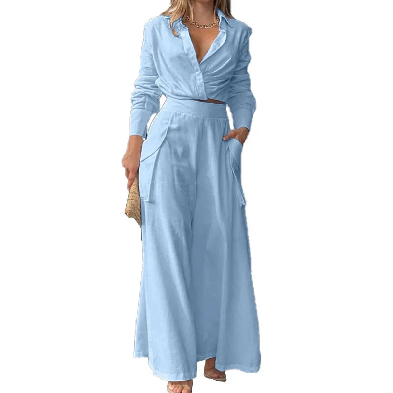 Women Blouse Pants Sets Crop Top Two Pieces Sets