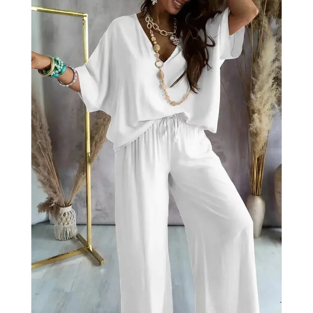 V neck Bat Sleeve Casual Loose Wide-leg Pants 2 piece