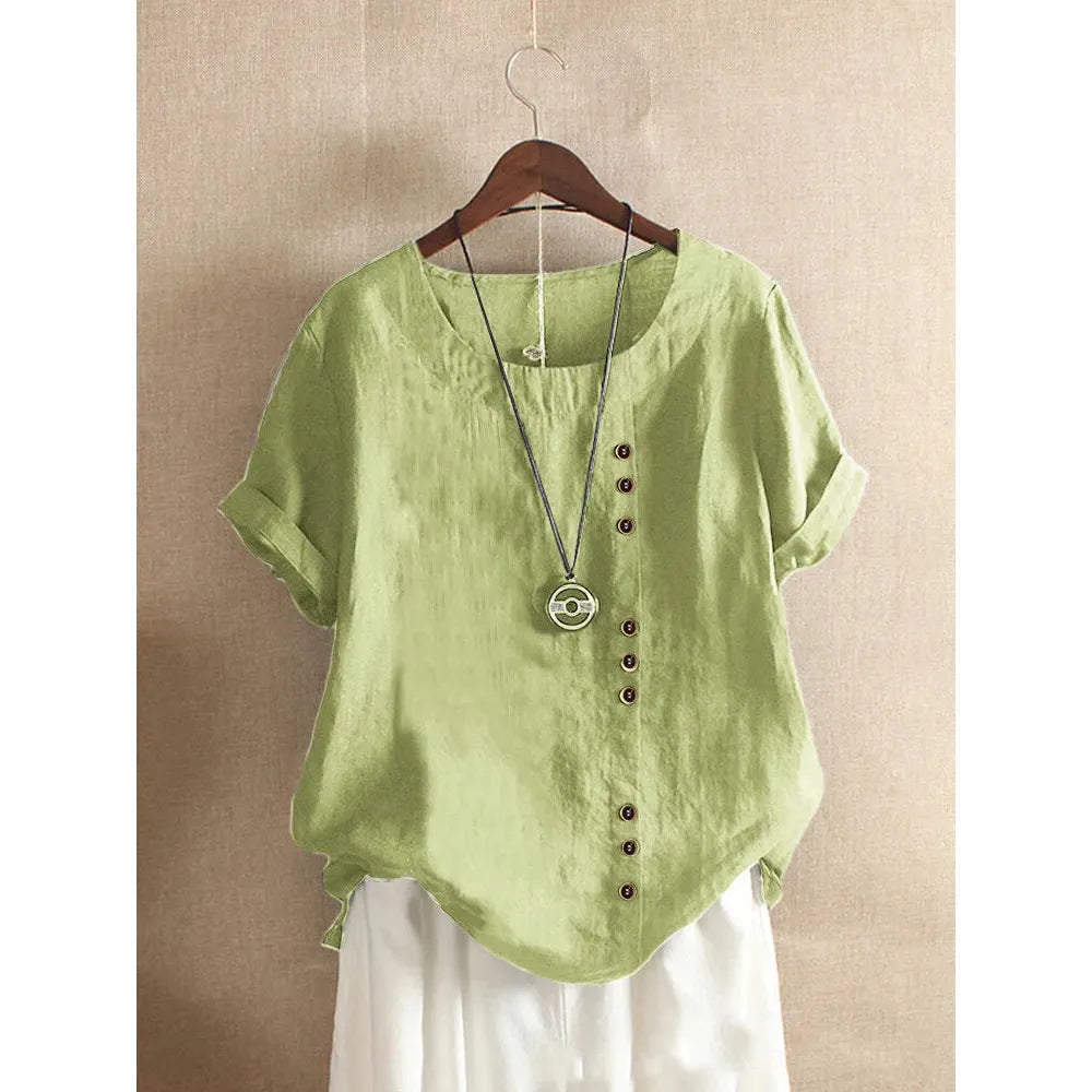 Women's Casual Summer Cotton Linen Loose Fit Blouse with Short Sleeves