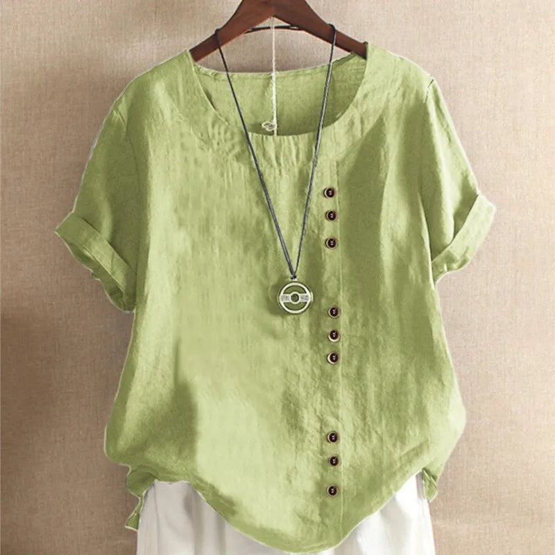 Women's Casual Summer Cotton Linen Loose Fit Blouse with Short Sleeves