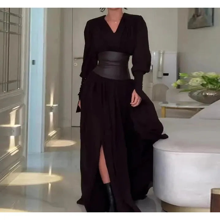 Elegant Black Gown with Waist Belt and High Slit