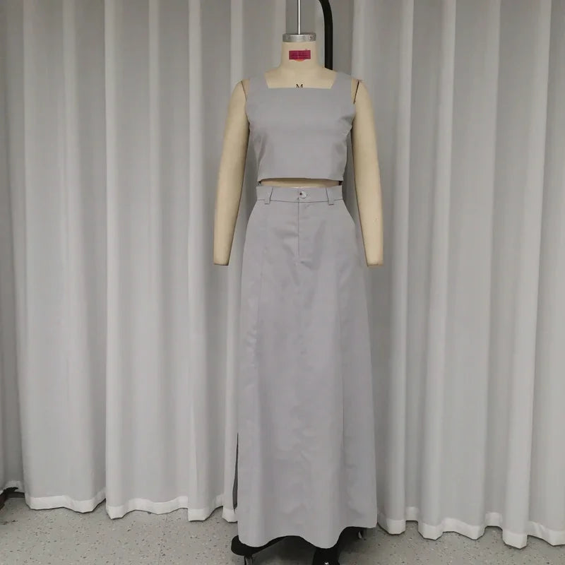 Stylish Two-Piece Set: Cropped Top and Flowing Maxi Skirt in Earthy Tones