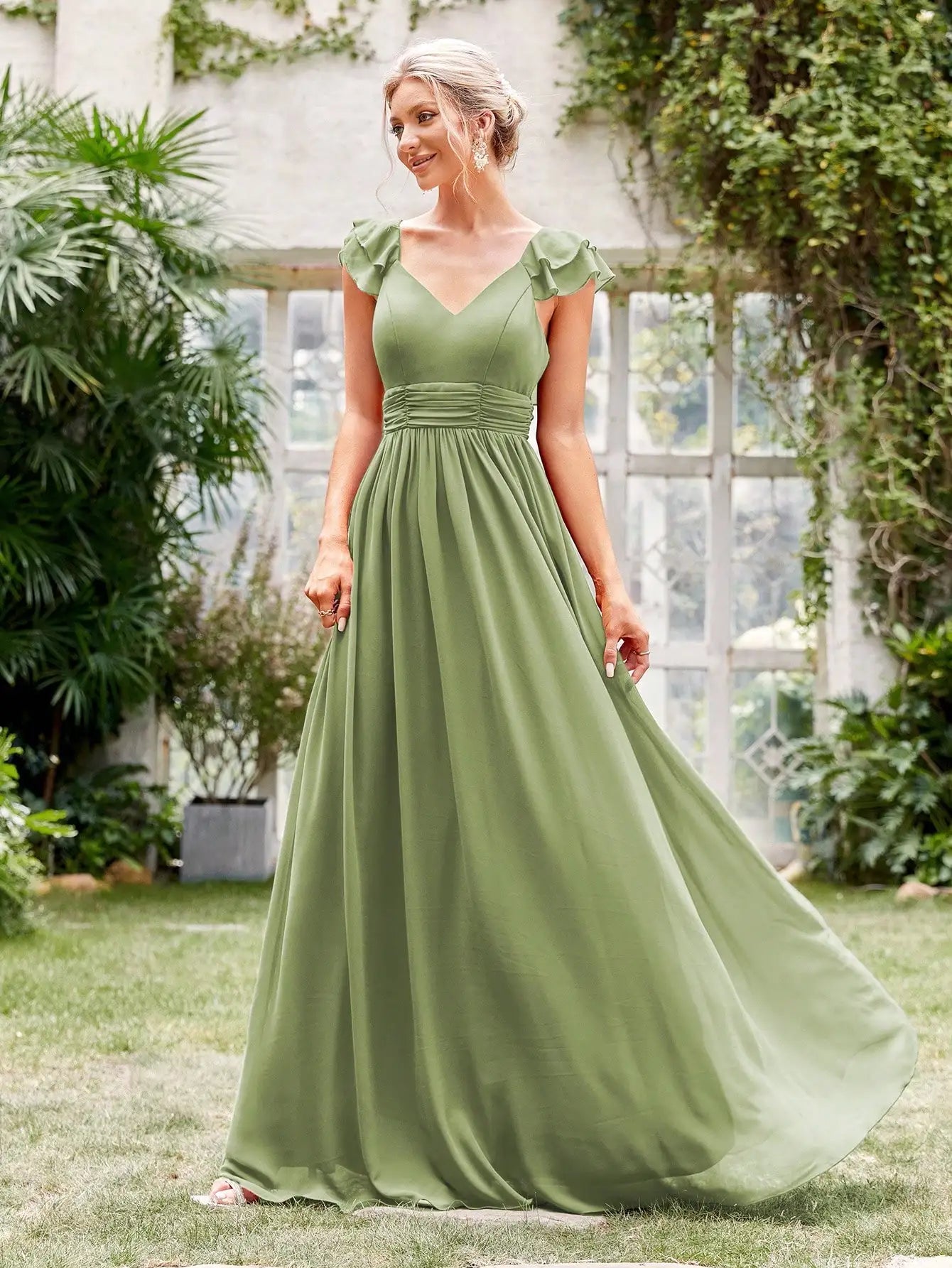 Elegant Deep Blue V-Neck Gown with Flutter Sleeves