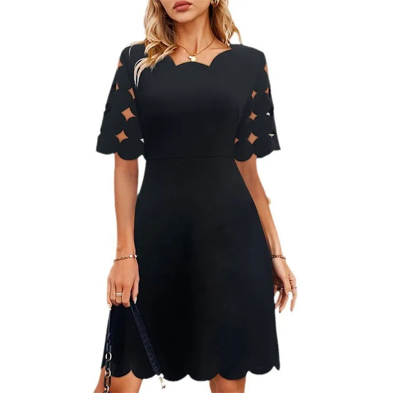 Black Elegant Ladies Round Neck Pullover Loose Short Sleeved Perforated Floral Versatile