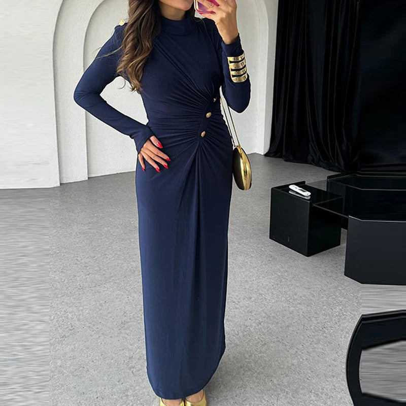 Elegant Long Sleeve Draped Maxi Dress