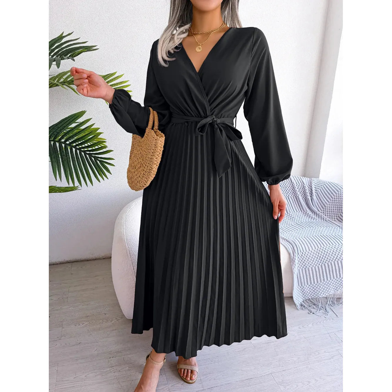 Big Swing Pleated Long Dress Roupas Feminina