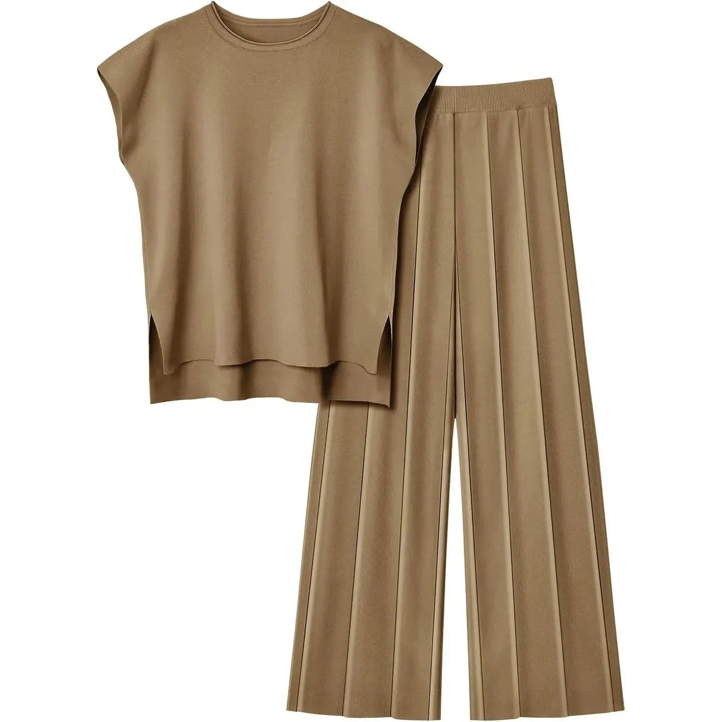 طقم من بلوزة بدون أكمام كريمية اللون وبنطلون واسع الساق من Effortless Elegance