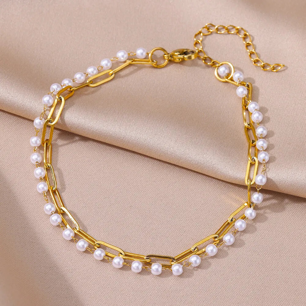 Pearl Chain Anklet Gold Color Leg Bracelets
