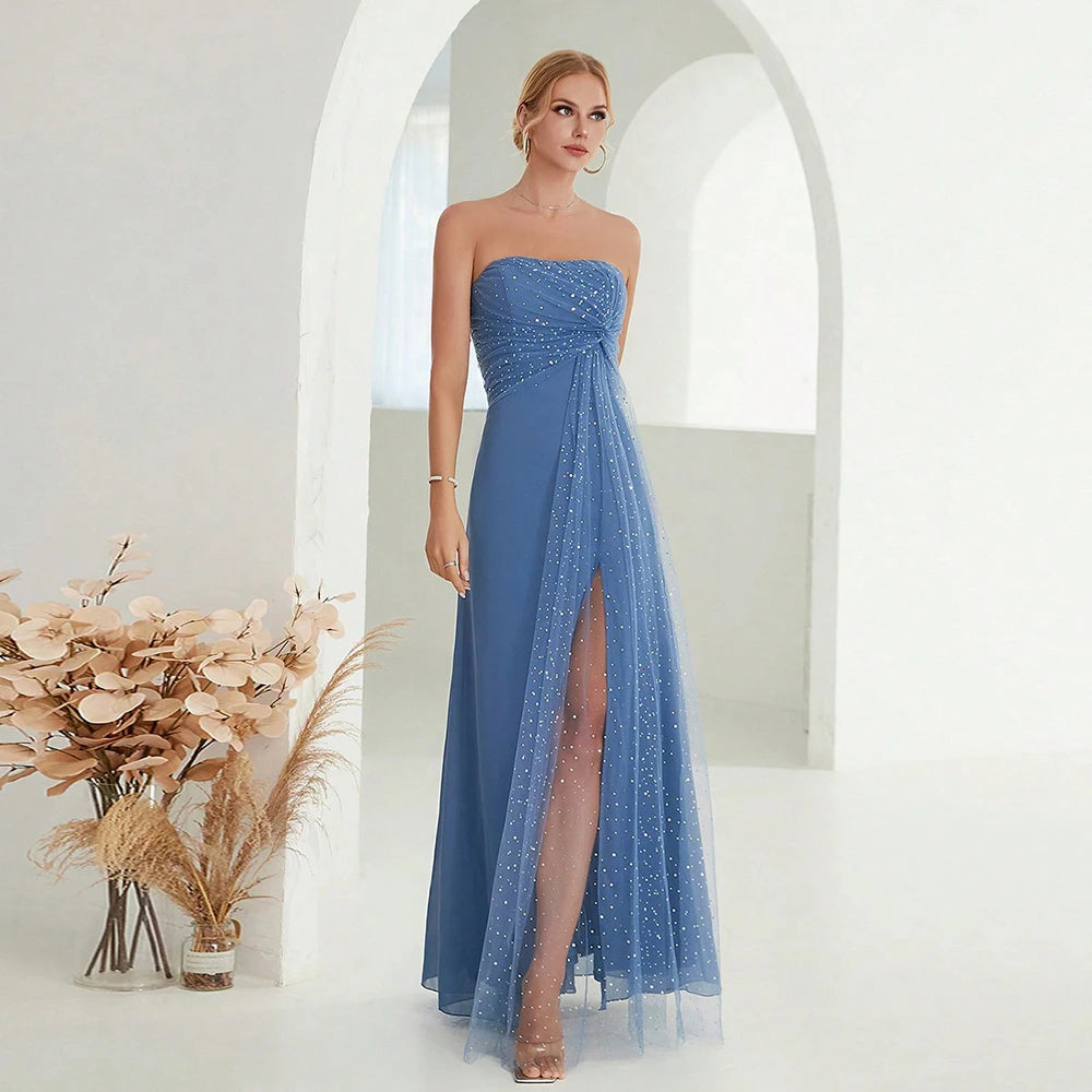 Enchanting Strapless Blue Gown with Embellished Overlay