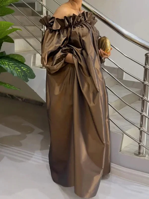 Off-Shoulder Brown Puff Sleeve Dress