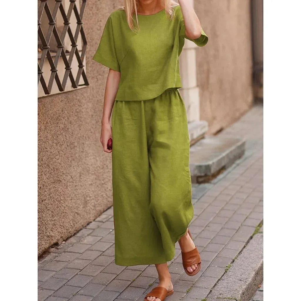 2025 Short Sleeve Shirt Top Wide Leg Pants Two Piece Set