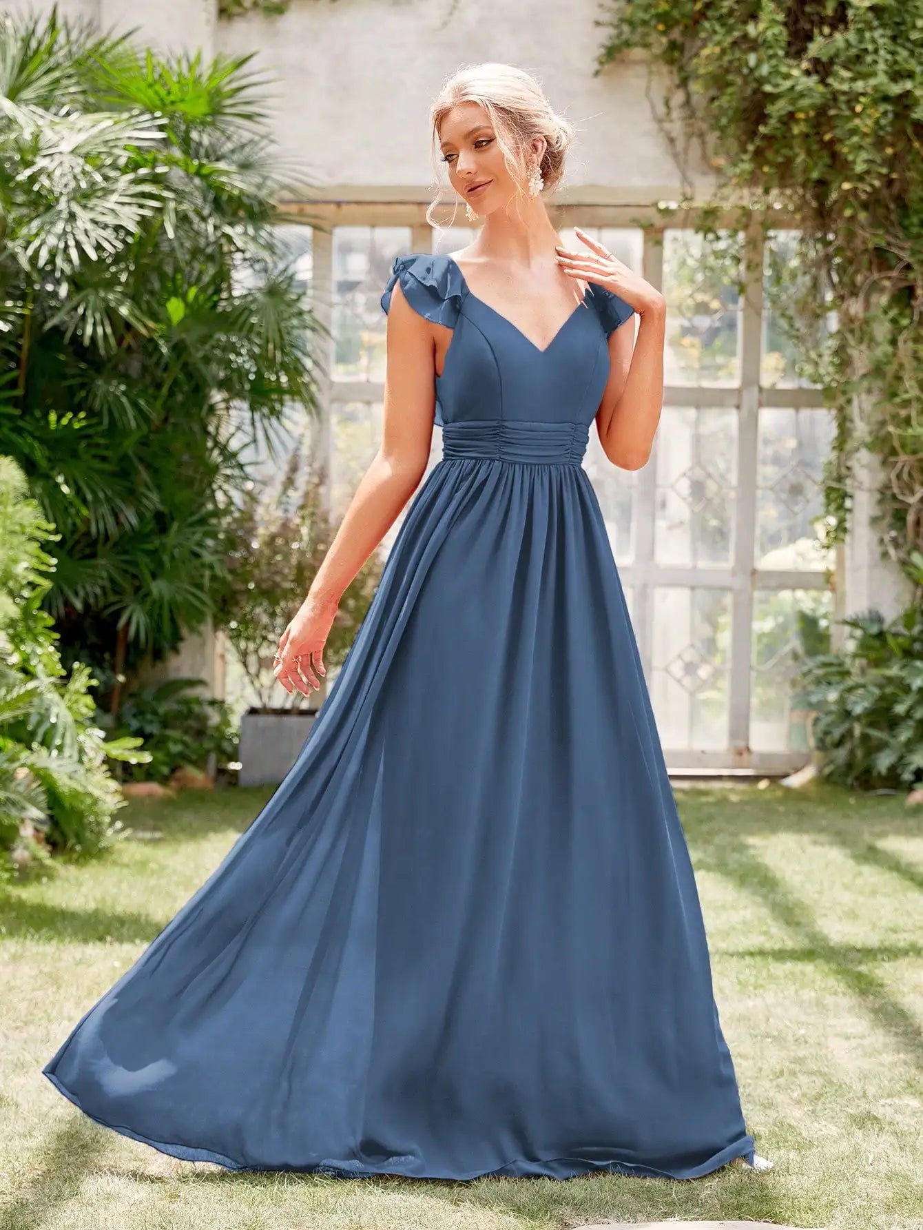 Elegant Deep Blue V-Neck Gown with Flutter Sleeves