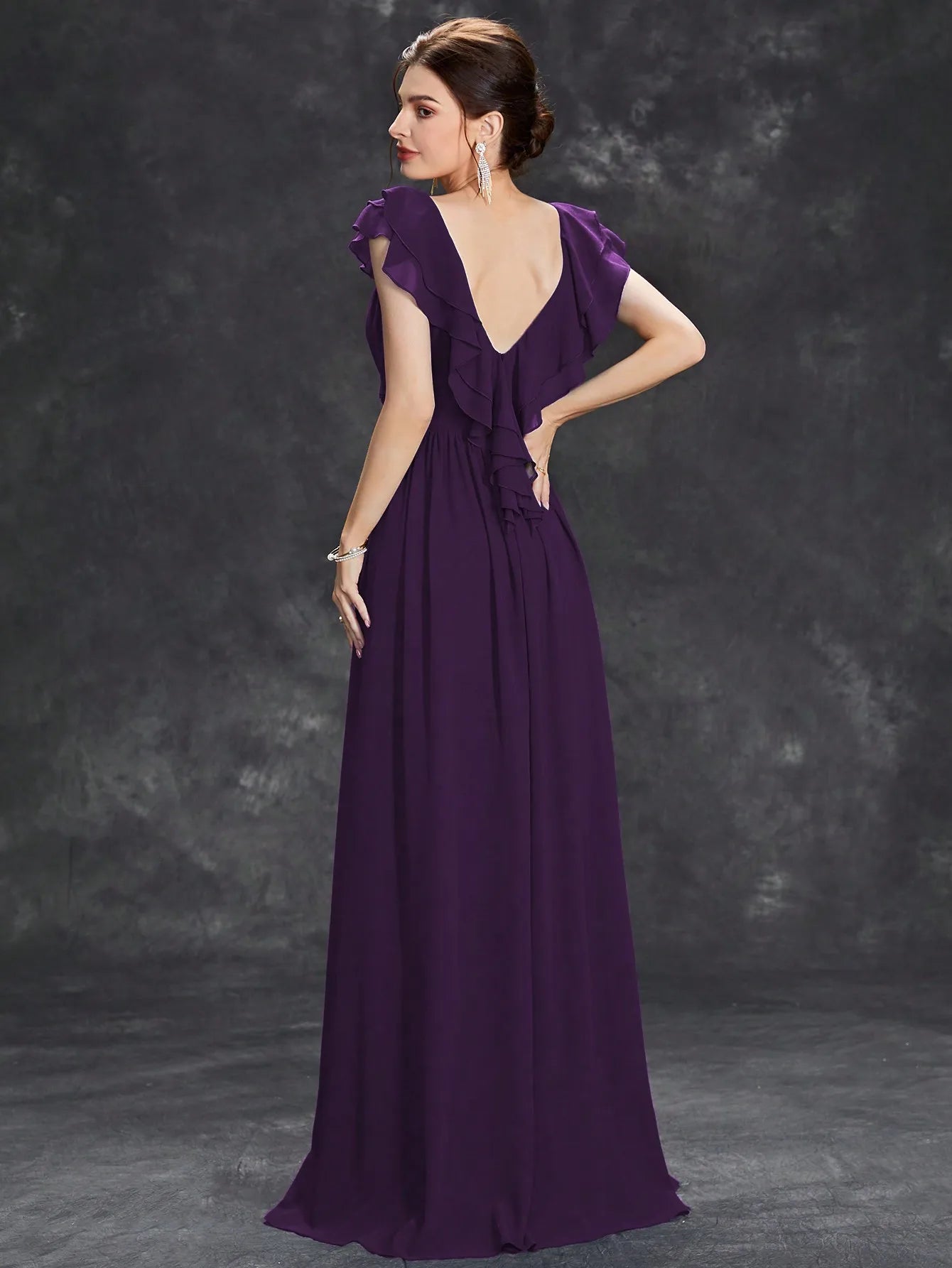 Elegant Deep Blue V-Neck Gown with Flutter Sleeves
