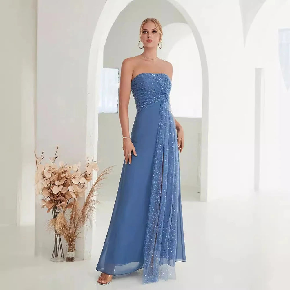 Enchanting Strapless Blue Gown with Embellished Overlay