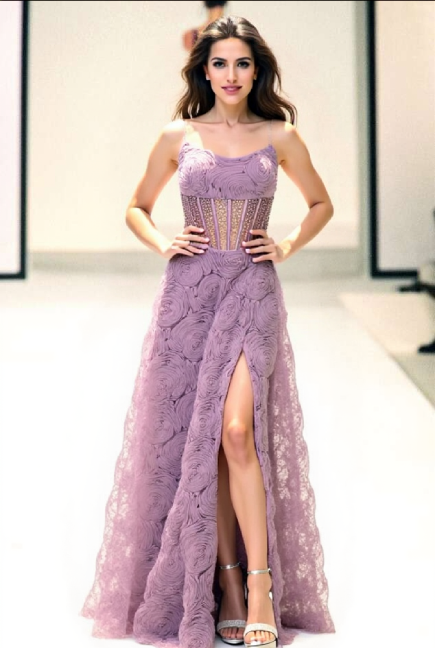 Lavender Floral Corset Evening Gown