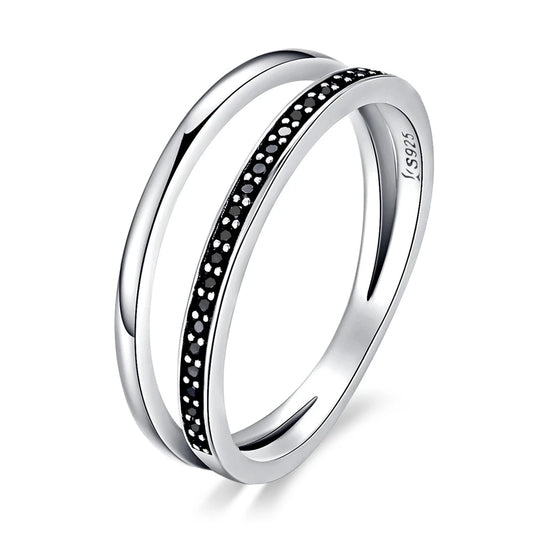 Genuine 925 Sterling Silver Double Circle Black Clear CZ Stackable Finger Ring