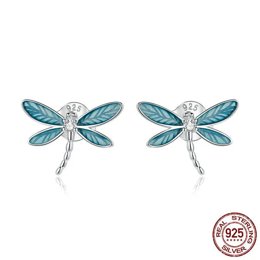 Elegant 925 Sterling Silver Dragonfly Earrings with Turquoise Enamel