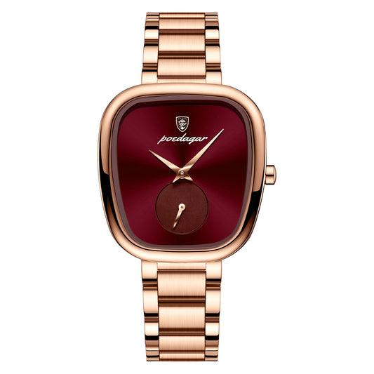 Luxurious Square Burgundy Dial Watch with Rose Gold Bracelet