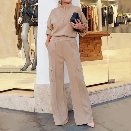 Effortless Style: Trendy Zip-Up Top and Wide-Leg Pants Ensemble in Warm Beige