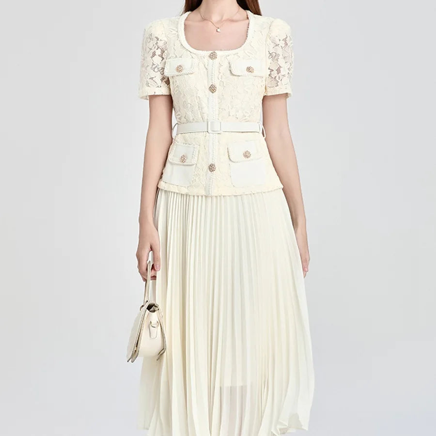 Elegant Cream Lace Top & Pleated Midi Skirt Set