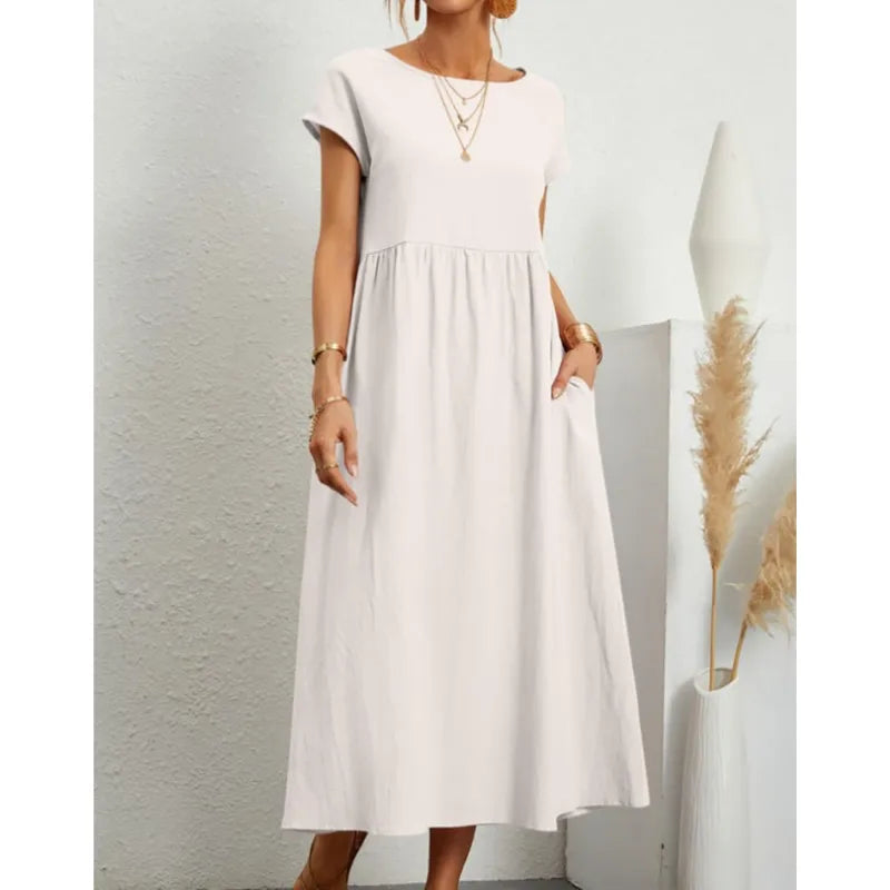 Summer New Short Sleeved Women's Dress With Loose Casual Pockets