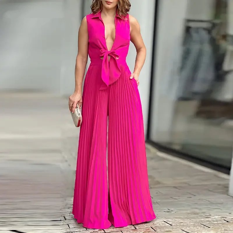 Chic Bright Pink Pleated Jumpsuit with Bow Detail