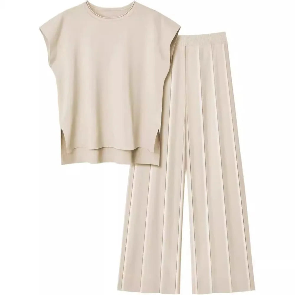 Effortless Elegance Cream Sleeveless Top and Wide-Leg Trousers Set