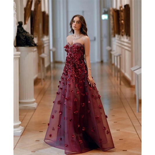 Beautiful Burgundy Dressadorned with Floral Embellishments