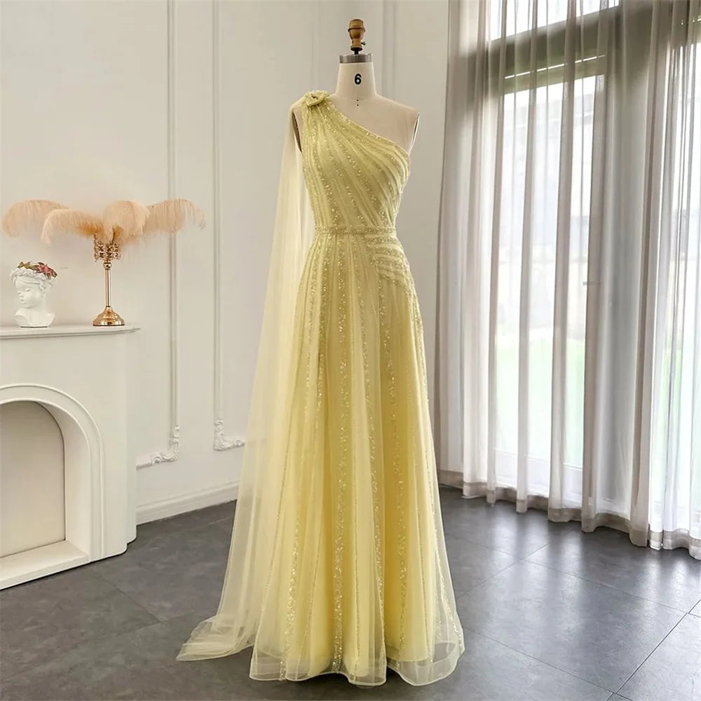 Stunning One-Shoulder Yellow Evening Gown with Side Slit