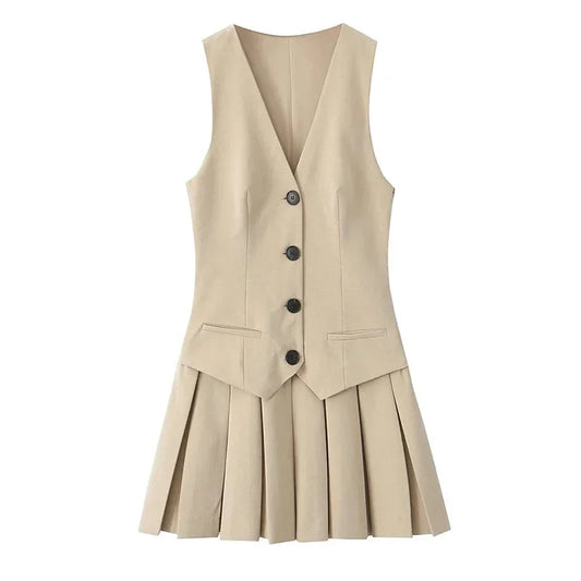 Chic Beige Vest Dress with Pleated Skirt