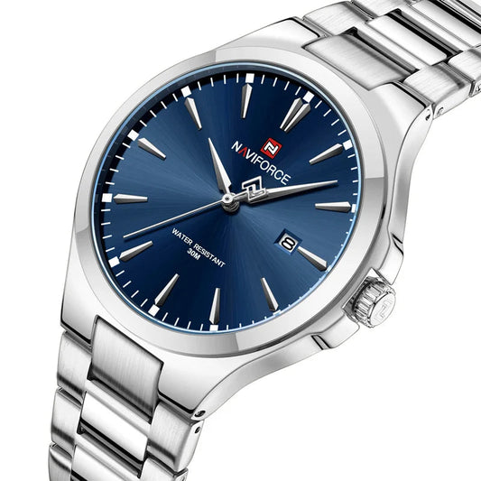 Men's Stainless Steel Watch with Blue Dial and Date Display