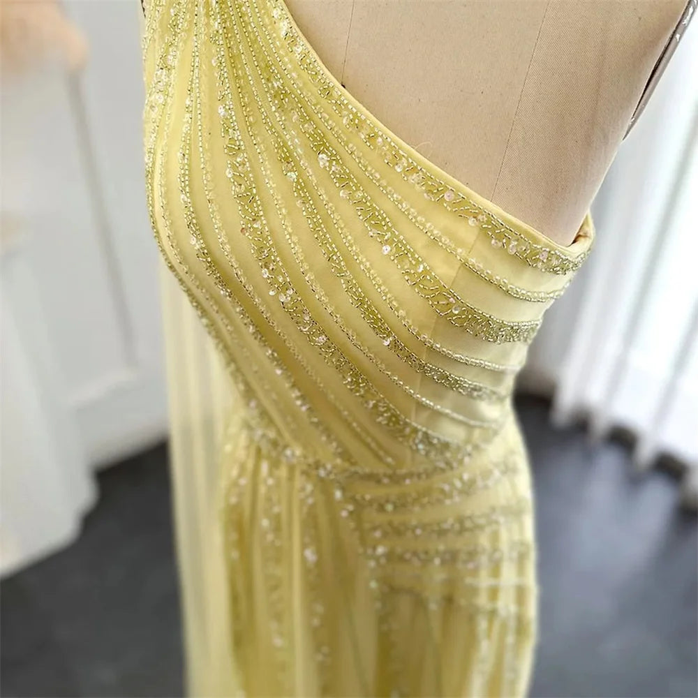 Stunning One-Shoulder Yellow Evening Gown with Side Slit