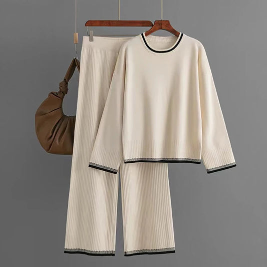 Chic Cream Ribbed Two-Piece Set: Stylish Comfort