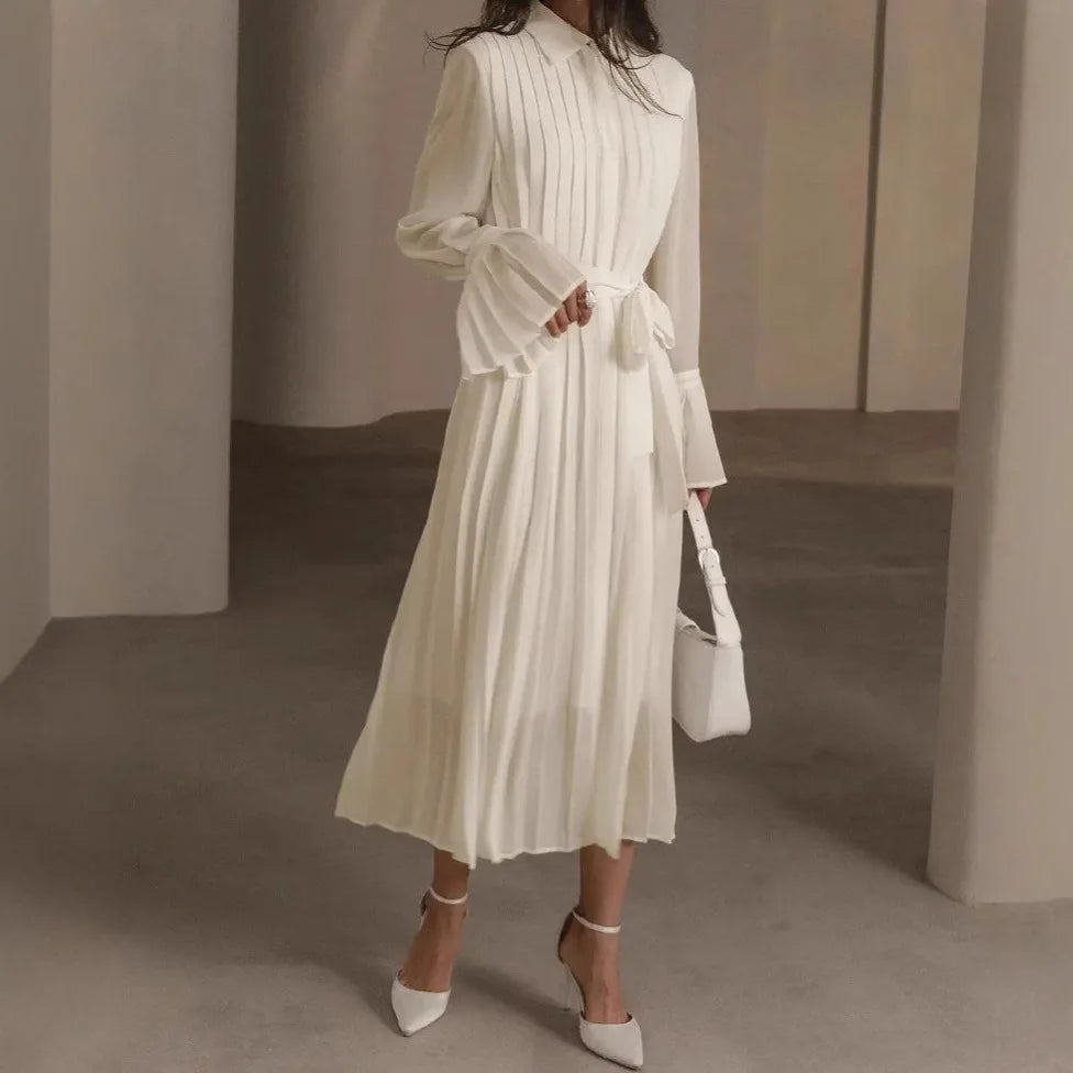 White Pleated Midi Dresses with Flare Sleeve