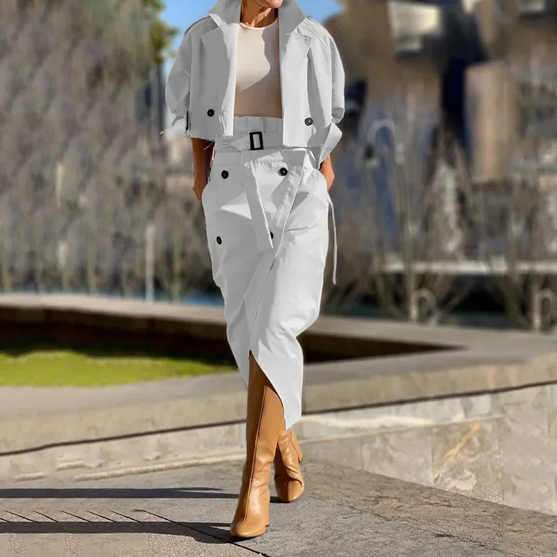 Elegant Beige Cropped Jacket and High-Slit Skirt Ensemble