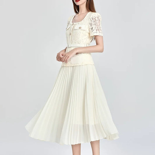 Elegant Cream Lace Top & Pleated Midi Skirt Set