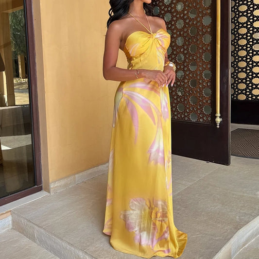 Chic Yellow Floral Maxi Dress with Knot Detail